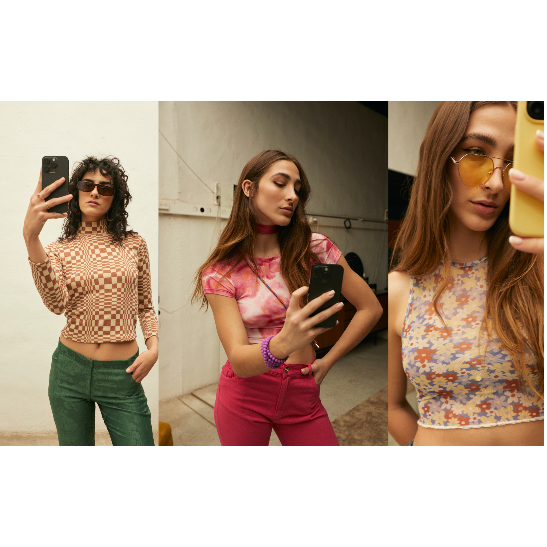 Three women take selfies in different outfits: checkered top, pink tie-dye top, and floral sleeveless top.